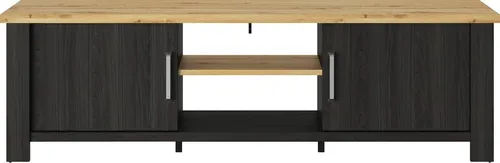 TV-Board GAMI "Sequoia" in Schwarz, 200cm - Wohnzimmerschrank aus robuster Spanplatte, mit 4 geschlossenen und 2 offenen Fächern für optimalen Stauraum und modernen Landhaus- sowie Industrial-Stil.