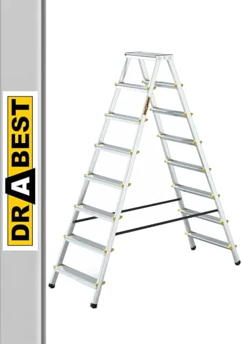 DRABEST PRO Serie 8-Stufen Klappleiter aus Aluminium - Praktische 8-stufige Klappleiter für vielseitige Einsätze, max. 150 kg belastbar. Kompakt faltbar und ideal für Arbeiten in großer Höhe, wie Fensterputzen oder Renovierungen.