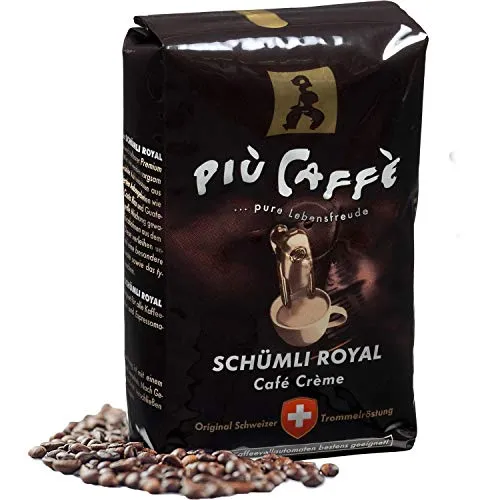 più caffè Schümli Royal Kaffeebohnen 1 kg - Geröstete Kaffeebohnen, kräftig und intensiv durch indonesische Robusta-Bohnen, ideal für Vollautomaten und Siebträgermaschinen, traditionell in der Schweiz geröstet.