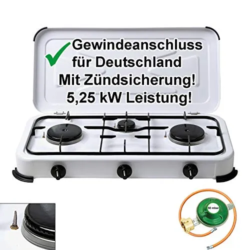 Bluecraft 3-flammiger Campingkocher mit Zündsicherung - Mobiler Gaskocher mit 5,25 kW Leistung für schnelles Kochen im Freien. Inklusive Gasschlauch und Regler, ideal für Camping, Garten und Freizeit. Hohe Sicherheit durch integrierte Zündsicherung.