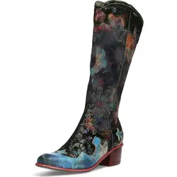 Laura Vita Damen Stiefel Cowboy Boot floral Blumen Muster Karree Gecaio 14, Größe:39 EU, Farbe:Blau - Blau - 39