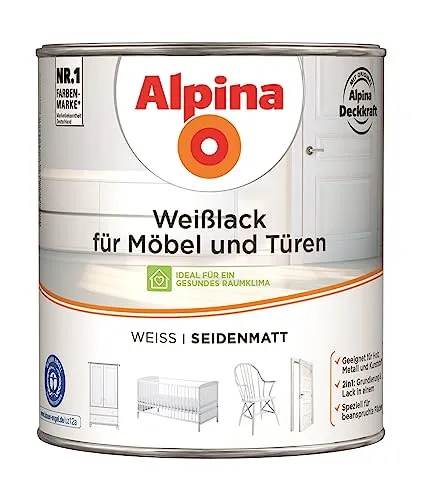 Alpina Weißlack für Möbel und Türen 2 Liter seidenmatt - 2in1 Grundierung und Lack, hohe Deckkraft und kratzfest für widerstandsfähige Oberflächen
