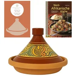 Tajine Shasha Ø31cm – Handgefertigt mit Kochbuch - Traditionelle Tajine Shasha Ø31cm aus Marokko, ideal für aromatische Schmorgerichte. Mit kunstvoll glasiertem Deckel und naturbelassenem Teller für optimale Wärme- und Feuchtigkeitszirkulation. Inklusive Rezeptideen für ein besonderes Kocherlebnis.