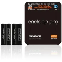 Panasonic eneloop pro Akku AAA mit Aufbewahrungsbox - 4 Stück - Hochleistungs-Akkus für energieintensive Geräte, mit 930mAh und bis zu 500 Ladezyklen. Geliefert in stabiler, wiederverwendbarer Verpackung aus recyceltem Material - ideal für Zuhause und unterwegs.