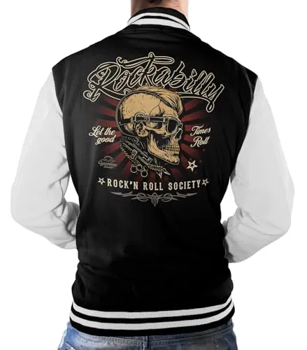 Gasoline Bandit Rockabilly Baseball College Jacke - Stylische Rockabilly College Jacke in Schwarz mit weißen Ärmeln. Hergestellt aus 70% Baumwolle und 30% Polyester, überzeugt sie durch ihre robuste Qualität und einzigartigen Druck. Ideal als Geschenk für Rockabilly Fans.