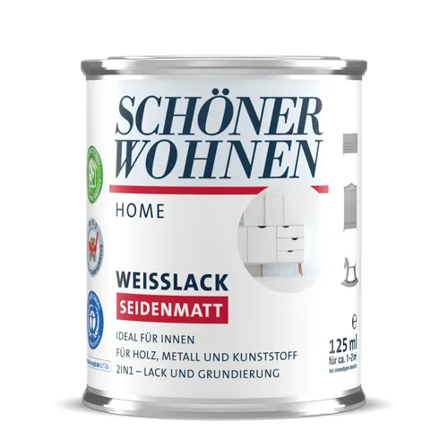 Schöner Wohnen Home Weißlack 125ml seidenmatt weiß - Hochwertiger seidenmatter Weißlack für eine elegante Oberflächenbeschichtung. Ideal für Möbel und Wände, bietet hervorragende Deckkraft und einfache Anwendung.