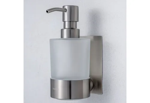 Dolvhin Wandseifenspender ohne Bohren, 250ml - Eleganter Glas-Seifenspender mit Edelstahl Wandhalterung, einfach zu montieren ohne Bohren dank starkem 3M Klebestreifen – ideal für Badezimmer und Küche.