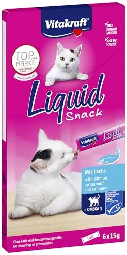 Vitakraft Liquid Snack - Katzensnack flüssig mit MSC-Lachs, kalorienarm und reich an Omega-3 für gesunde Haut und glänzendes Fell, 6 Stück