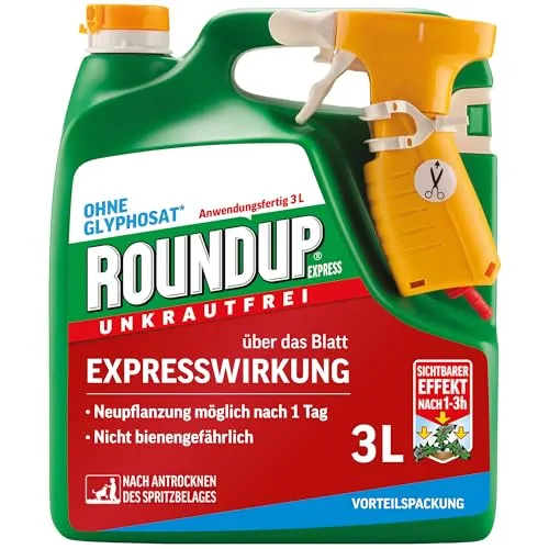 Roundup Unkrautfrei Express 3L - Schnelle Unkrautbekämpfung - Dünger - Anwendungsfertiges Spray mit Expresswirkung gegen Unkräuter und Moos, sichtbare Ergebnisse nach nur 1 Stunde. Ideal für Wege, Plätze und Garten.