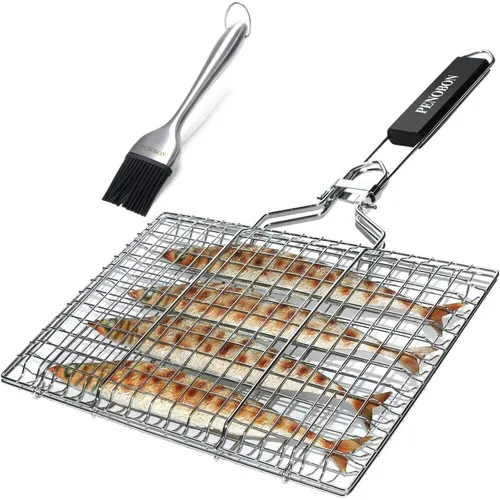 Fisch-Grillkorb Tragbar Faltbar Edelstahl Grillzubehör mit Abnehmbarem Griff