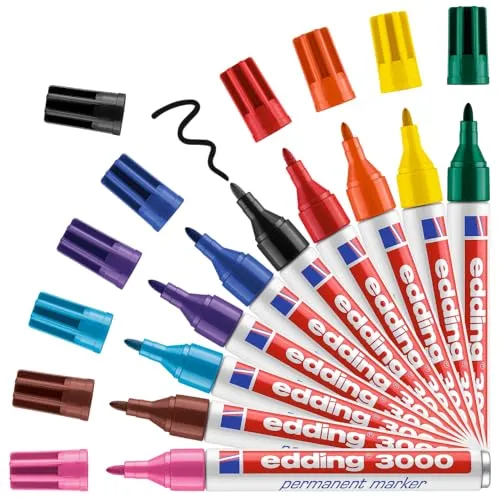 edding 3000 Permanentmarker - 10er Set in praktischer Halterung - 10 Farben für vielseitige Anwendungen, wasserfest und wischfest. Ideal für Karton, Holz, Metall und mehr. Rundspitze 1,5-3 mm für präzise Beschriftungen.