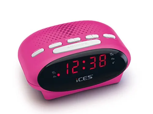 Ices ICR-210 Pink - FM Uhrenradio - Kompakter Radiowecker mit Doppelalarm und Schlummerfunktion, ideal für Nachttische. Das LED-Display sorgt für gute Lesbarkeit, selbst im Dunkeln.