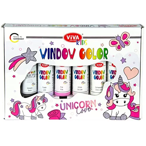 Viva Decor Kreativset Kids Window Color Unicorn Love - 8-teiliges Set mit 6x90ml Farben, inklusive Malvorlagen und Malfolie für kreative Kinderaktivitäten