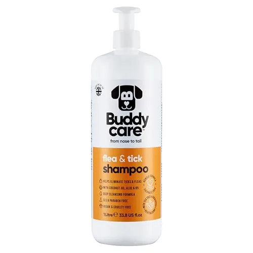 Floh- & Zeckenhundeshampoo von Buddycare - Beseitigt Flöhe, Zecken & Milben - Tiefenreinigungsshampoo für Hunde, Flohshampoo mit Teebaumöl & Eukalyptus für Hunde (1L)