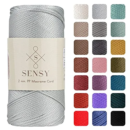 Sensy Premium 2 mm 220 Meter Polyester-Seil, 100 % Polypropylen, Makramee-Schnur, 2 mm, Häkelnadel, Makramee-Seil, Häkelgarn, Geschenk für Stricker (Silber)