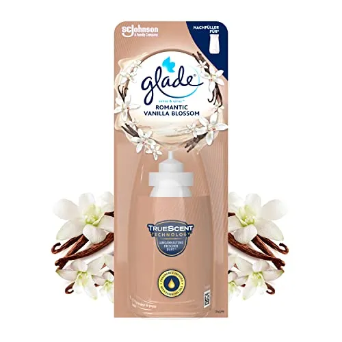 Glade Sense & Spray Nachfüller Romantic Vanilla Blossom - Nachfüller für den automatischen Lufterfrischer mit Bewegungssensor. Bietet langanhaltende Frische und ist ideal für Bad, WC und Wohnräume. Genießen Sie den zarten Duft von Vanille mit smartem Sensor für nachhaltige Nutzung.