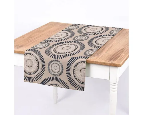 Tischläufer Mandala Punkte Striche – Handmade in Deutschland - Handgemachter Tischläufer (ca. 40x160 cm) aus 100% Baumwolle, bedruckt mit eleganten Kreisornamenten. Waschbar bei 30 Grad, ideal für eine stilvolle Tischdekoration.
