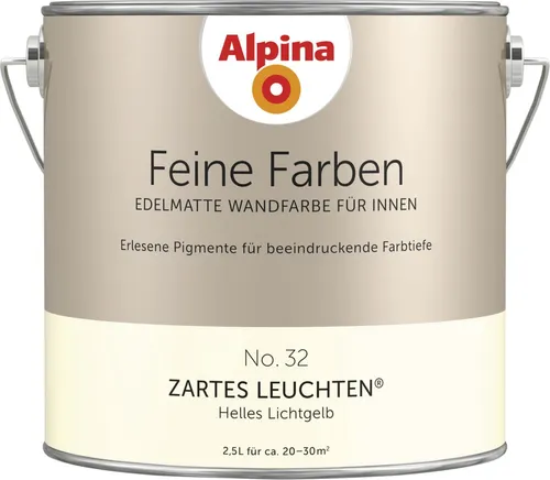 Alpina Feine Farben No. 32 Zartes Leuchten® - Edelmatte Wandfarbe in hellem Lichtgelb, ideal für Innenräume. Erlesene Pigmente sorgen für beeindruckende Farbtiefe und eine strapazierfähige Oberfläche. Frei von Löse- und Konservierungsmitteln, deckt ca. 20-30m².