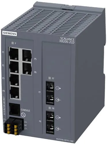 Siemens 6GK5206-2BF00-2AB2 Industrial Ethernet Switch - Managed Layer 2 IE Switch mit 6x 10/100 Mbit/s RJ45 Ports, ideal für PROFINET- und EtherNet/IP-Anwendungen. Hohe Netzverfügbarkeit dank redundanter Ringstrukturen und einfacher Diagnose durch integrierten Web-Server.