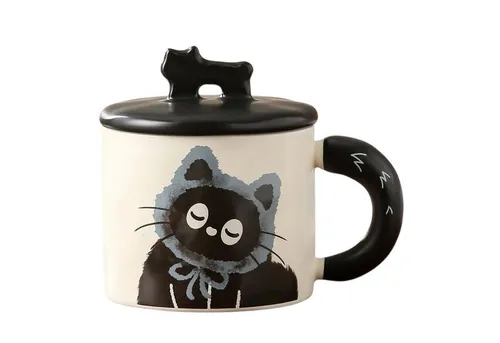 Dark-Desires Tasse Niedliche Keramik-Tasse Katze mit Deckel und Löffel - 350ml - blau