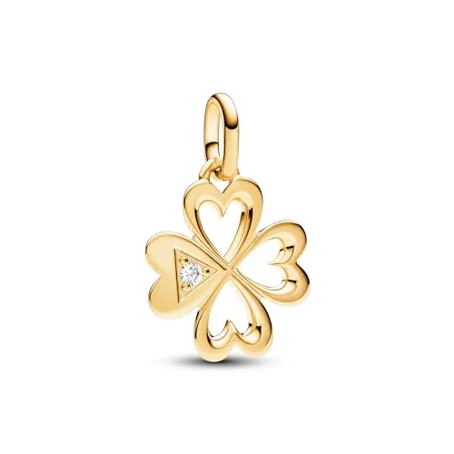 PANDORA ME Herz Vierblättriges Kleeblatt Medaillon-Charm - Bead Charms für Damen, 14 Karat vergoldet mit funkelndem Stein und zwei unterschiedlichen Seiten für individuellen Glanz und Glücksbringer-Effekt.
