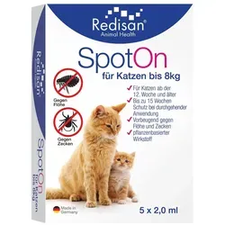 Redisan Spot-on für Katzen bis 8kg – 5x2 ml - Effektiver Schutz gegen Zecken und Flöhe für Katzen bis 8 kg. Die praktische Anwendung sorgt für Sicherheit und Komfort im Alltag Ihrer Katze.