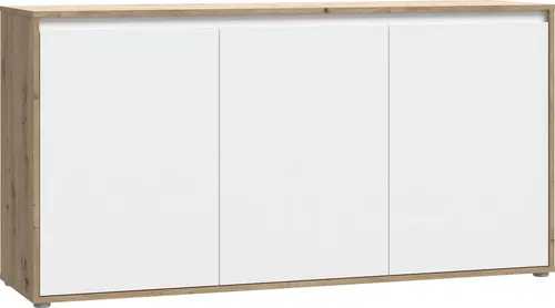 Sideboard SKELPE in Mattweiß und Eiche - 3 Türen, 3 Einlegeböden - Modernes Sideboard SKELPE mit 3 Türen und 3 Einlegeböden. Ideal für stilvolle Einrichtung und optimalen Stauraum. Maße: 152,6 x 42 x 78,5 cm, vereint Funktionalität und ansprechendes Design.