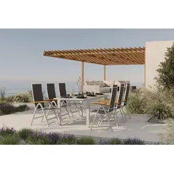 VILLANA Sylvania Garten-Essgruppe mit 6 Klappstühlen, silber/anthrazit, Aluminium/Glas, inkl. Eukalyptus-Armlehnen, ausziehbarer Tisch 160/220 x 90 cm, FSC®-zertifiziertes Produkt
