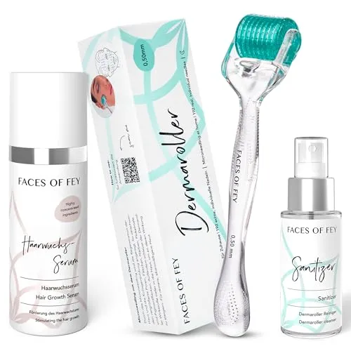 FACES OF FEY Dermaroller für Haare – Microneedling Roller 0,5mm mit ECHTEN 192 Nadeln gegen Haarausfall - Haarwachstumsserum & Sanitizer - Hair Growth Set