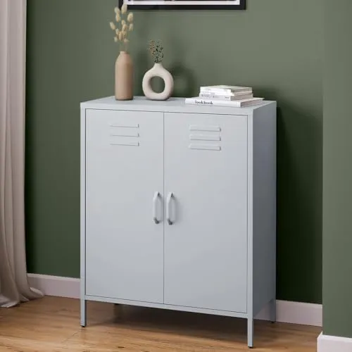skølm Atria Metall Kommode – Modernes Sideboard in Hellgrau - Kommode im Industrial Style mit 3 Fächern und höhenverstellbaren Einlegeböden, ideal als Flurschrank oder Aufbewahrungsschrank – stabil und pflegeleicht.