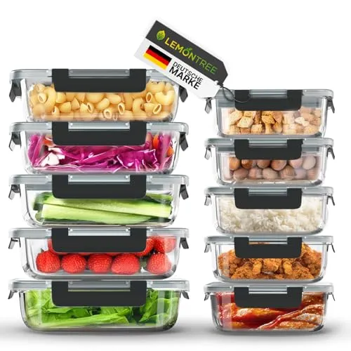 Lemontree Vorratsdosen 10er Set - Luftdicht & Auslaufsicher - Vorratsdosen-Sets: 10er Set aus hochborosilikat Glas, mikrowellen- und spülmaschinenfest, ideal für Meal Prep und platzsparende Aufbewahrung.