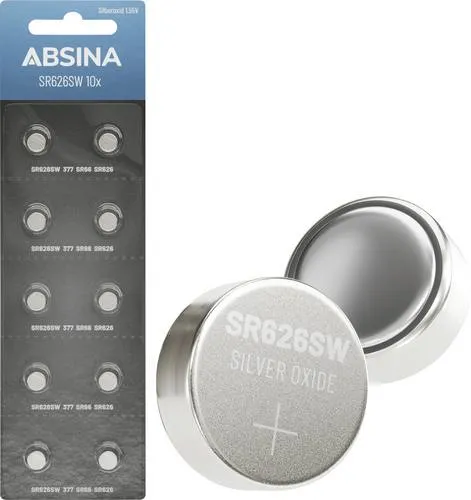 ABSINA SR626SW Uhrenbatterie 10er Pack - Langlebige Knopfzellen für vielseitige Anwendungen - Batterien für Uhren und mehr, auslaufsicher und temperaturbeständig von -20°C bis +60°C, ideal für Armbanduhren, medizinische Geräte und Spielzeug.
