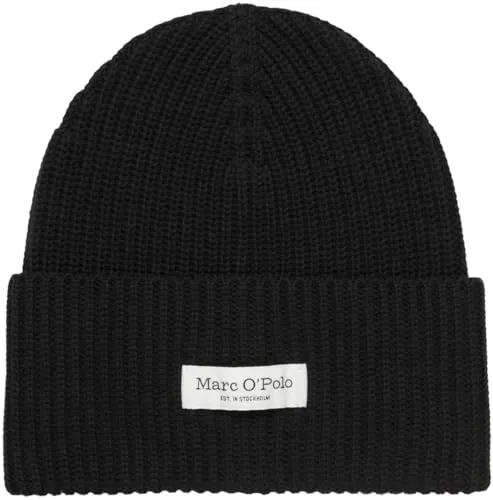 Beanie MARC O'POLO Damen schwarz Rippstrick - Stylische Beanie von Marc O'Polo aus 100% Baumwolle mit breitem Umschlag und Badge für ein individuelles Outfit. Ideal für kalte Tage und casual Looks.