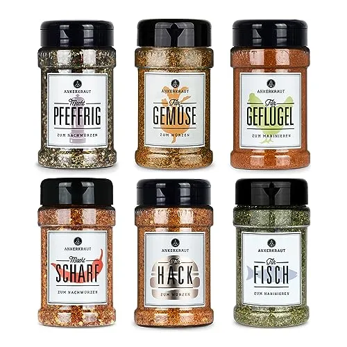 Ankerkraut 'Einfach kochen' Set – 6 Gewürzstreuer für jede Gelegenheit - Genieße Vielfalt mit diesem Set: perfekt für Geflügel, Fisch, Hack und Gemüse. Ideal für kreative Kochabenteuer und als Geschenk. Einfach köstlich würzen!