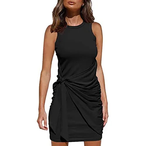 QKEPCY Damen Bodycon Kleid Kurz Enges Wickelkleid Kurzarm Sommerkleid Mini T Shirt Kleid Seitliche Seilbindungen Sexy Clubwear (Schwarz XXL)