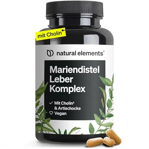 natural elements Mariendistel Leber Komplex - 120 Kapseln - Hochdosierte Kapseln mit Mariendistel, Cholin und Artischockenextrakt für die Unterstützung der Leberfunktion. Vegan, laborgeprüft und in Deutschland produziert.
