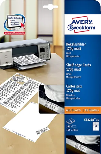 AVERY Zweckform C32258-25 Regalschilder - 350 blanko, beidseitig bedruckbar, matt weiß, mit extra feiner Mikroperforation und FSC-zertifiziertem Papier