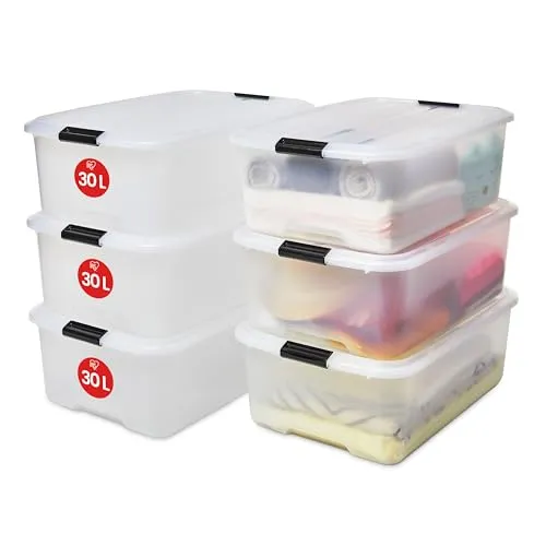 Iris Ohyama Aufbewahrungsbox mit Deckel, 30L, 6er-Set, Transparent, Schnappverschlüsse mit Griffen, Stapelbar, Stark & Langlebig, Für Kleidung, Garage, Zuhause, Büro, Plastikbox, Lagerung TB-30