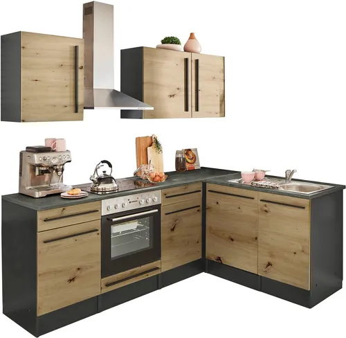 BASIC by Balculina Winkelküche Jazz 220x175 cm - Moderne Küchenzeile mit wahlweise E-Geräten, ideal für kleine Räume. Viel Stauraum und farblich abgesetzte Arbeitsplatte sorgen für Funktionalität und Stil.