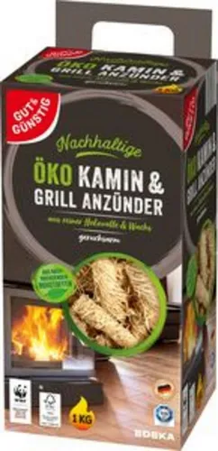 Gut & Günstig Grillanzünder Öko Kamin & Grill Anzünder 1kg - Ökologischer Anzünder für Grill, Kamin und Ofen, aus Wachs und Holz, mit einer Brenndauer von ca. 10 Minuten – ideal für umweltbewusstes Anzünden.