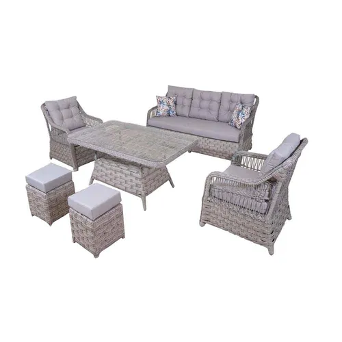 Grau Rattan Garten Sitzmöbel Set – 6-teiliges Lounge Set - Stilvolles 6-teiliges Lounge Set aus grauem Rattan, inklusive 3-Sitzer Sofa, Sesseln und Tisch. UV-geschützt und wasserresistent, ideal für entspannte Stunden im Freien.