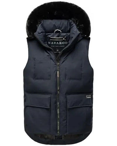 Navahoo Damen ärmellose Outdoorweste Zimthäschen XIV Navy Gr. S - Funktionsjacken für kalte Wintertage, mit abnehmbarem Kunstfell und praktischen Taschen für optimalen Komfort und Stil.