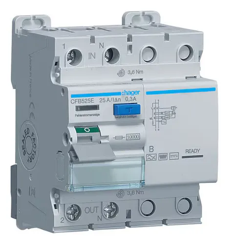 Hager CFB525E Fehlerstromschutzschalter, FI-Schalter 2 polig 10kA 25A 300mA Typ B - FI Typ B, allstromsensitiver Fehlerstromschutzschalter für maximale Sicherheit in elektrischen Anlagen, schützt zuverlässig vor elektrischen Schlägen.