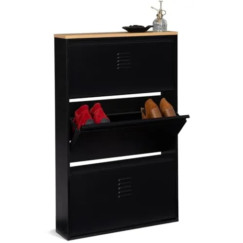 IDMarket Schuhmöbel 9 Paar Ester - Metall schwarz im Industriedesign - Dreitüriges Schuhregal mit innovativen Belüftungsöffnungen für einen stilvollen Vintage-Look und optimalen Platz für Ihre Schuhe.