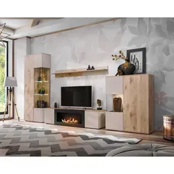 ASM-Moebel Wohnwand CATALINA mit Bio-Ethanol Kamin - Wohnwände mit Rillenfront, inkludiert LED-Beleuchtung und einfaches Push-Click System für eine mühelose Montage. Ideal für modernes Wohndesign und gemütliche Abende.