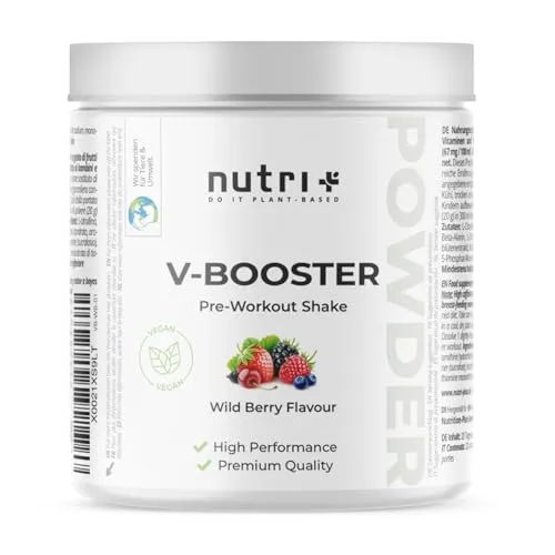 nutri+ Booster Pre-Workout Shake 400g - 4 Sorten - Aminosäuren - idealer Pre-Workout Shake mit L-Citrullin, Taurin und Koffein für mehr Energie und Fokus beim Training. 100% vegan, glutenfrei und ohne Zucker.