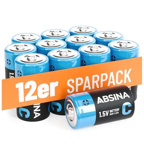 ABSINA 12x Baby C Batterien LR14 1,5V Alkaline - Langlebige Batterien C für Taschenlampe, Spielzeug UVM - Batterie C, LR14 Batterie 1,5V