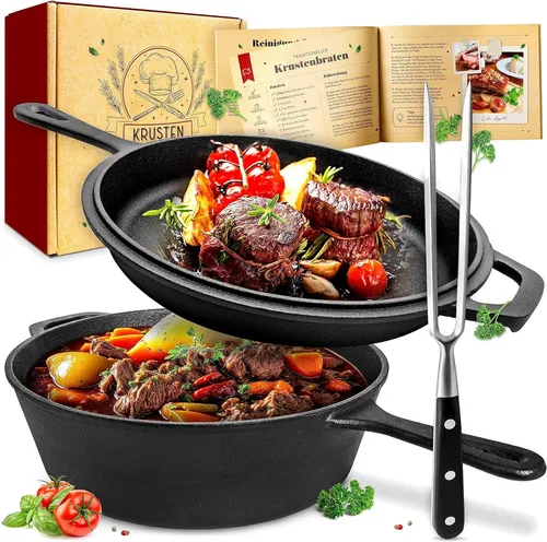 Krustenzauber Schmortopf Gusseisen Topf 26cm mit Fleischgabel - Robuster gusseiserner Bräter, ideal für Induktion und Backofen, perfekt für schmackhafte Schmorgerichte und vielseitig einsetzbar.