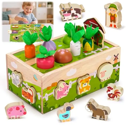 Montessori Spielzeug für Kleinkinder ab 1 Jahr - Pädagogisches Holzspielzeug - Entdecken Sie das Montessori Spielzeug für Kinder ab 1 Jahr. Es fördert spielerisch die Feinmotorik und die Hand-Augen-Koordination mit bunten Gemüseformen und Tieren. Ideal als Geschenk für den Geburtstag oder andere Anlässe.