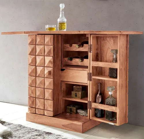 FineBuy Hausbar Akazie Massivholz Weinschrank Kleiner Barschrank Alkoholschrank